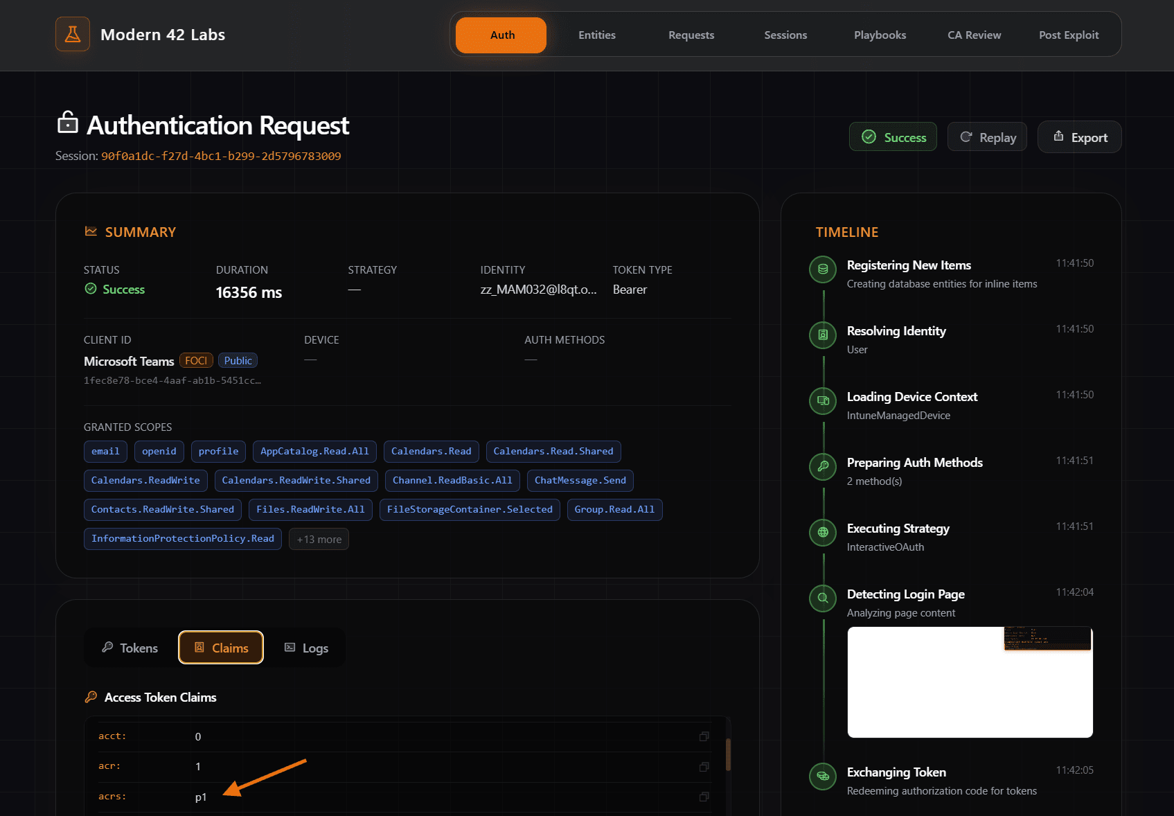 SuiteAuth showing a freshly issued access token after a standard sign-in. The decoded JWT panel highlights the claims set, aud, scp, oid, tid, amr containing pwd and mfa, with the acrs claim notably absent. A label reads No authentication context satisfied