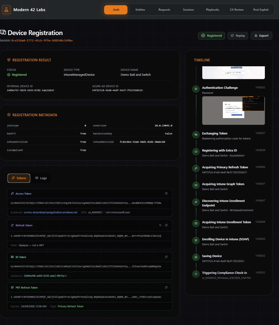 SuiteAuth device registration result screen showing a successfully registered and Intune-compliant device named Demo Bait and Switch — the left panel displays the internal device ID, Azure AD device ID, registration metadata including join type and compliance status, along with access tokens, refresh tokens, and PRT details, while the right panel timeline traces the full attack chain from authentication challenge through token exchange, Entra ID registration, Intune enrolment, and compliance check-in