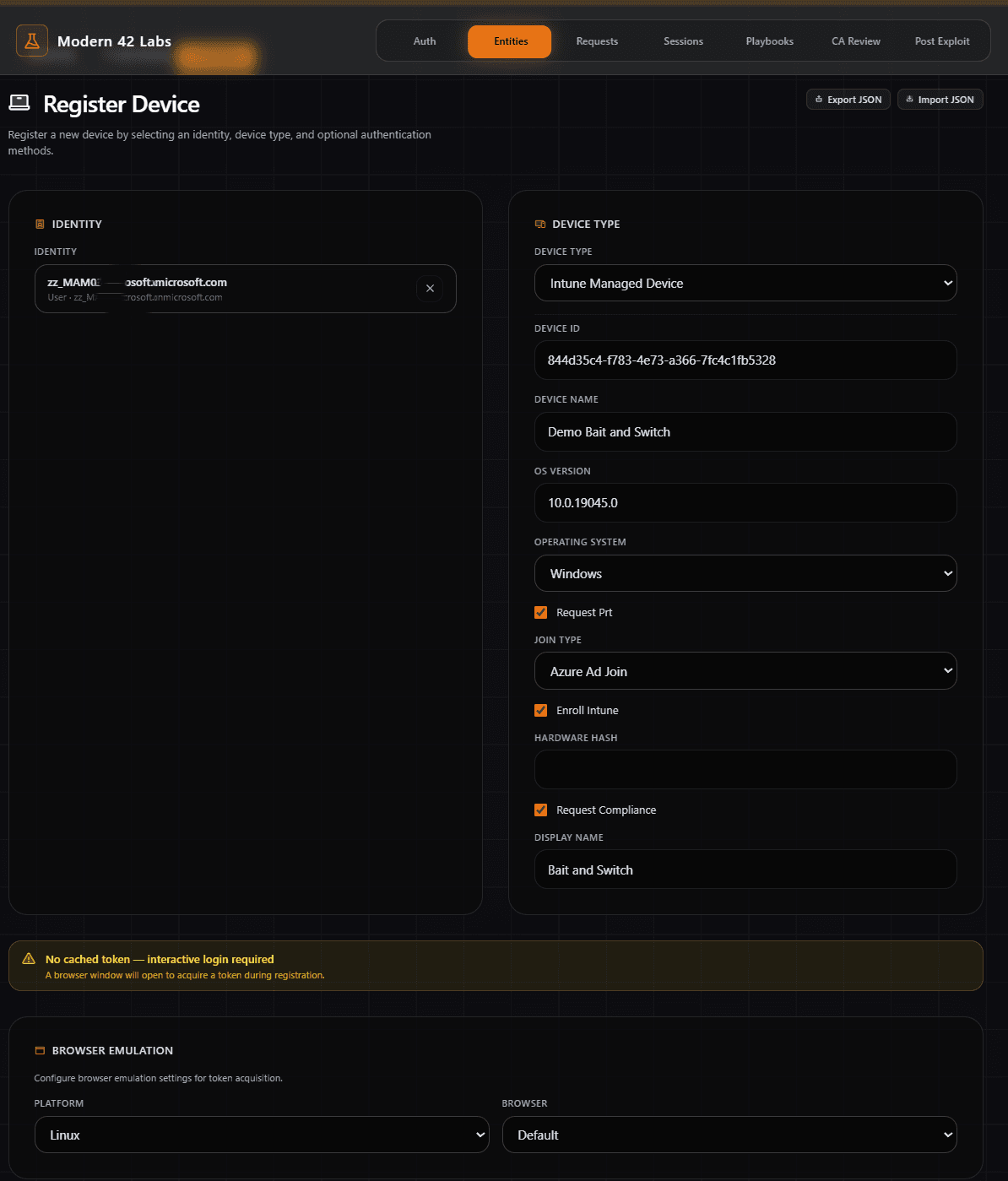 SuiteAuth device registration setup showing a simulated Windows managed device being configured with identity, device type, and operating system fields, alongside a browser simulation set to a Linux User Agent — demonstrating how the tool prepares both the spoofed platform and the device registration in a single interface