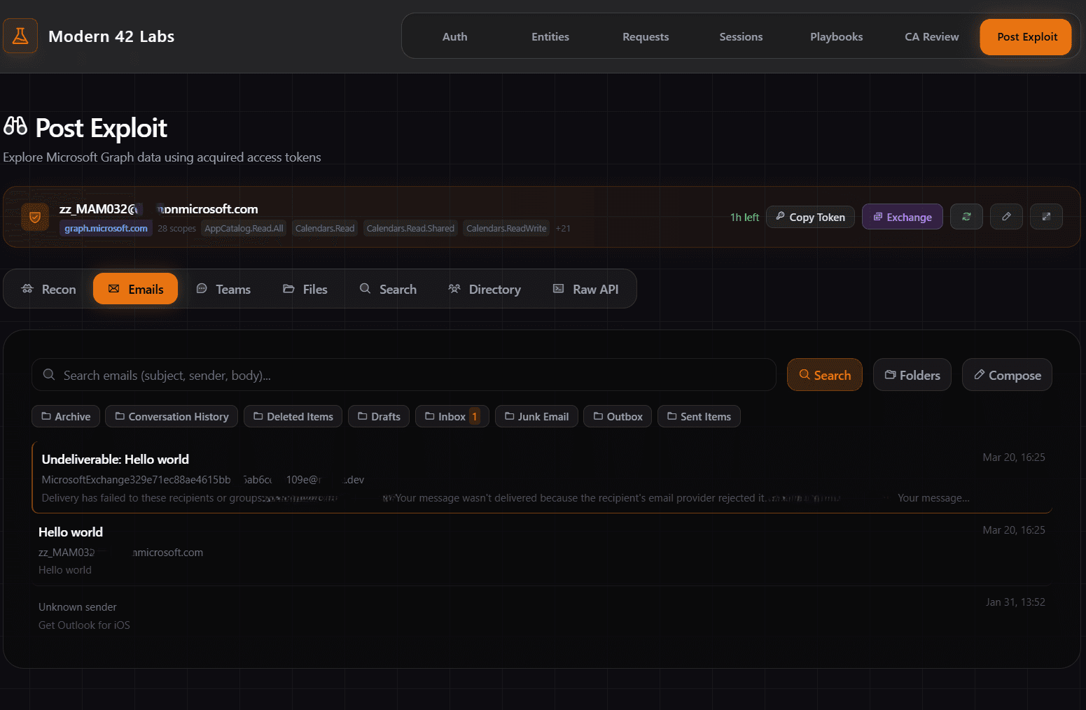 SuiteAuth post-exploit screen showing a compromised user's Microsoft 365 mailbox accessed using the acquired tokens — the Emails tab is active displaying inbox messages including a test email titled Hello world, with options to browse Teams chats, OneDrive files, SharePoint sites, and directory data, demonstrating full data exfiltration capability after bypassing Conditional Access controls