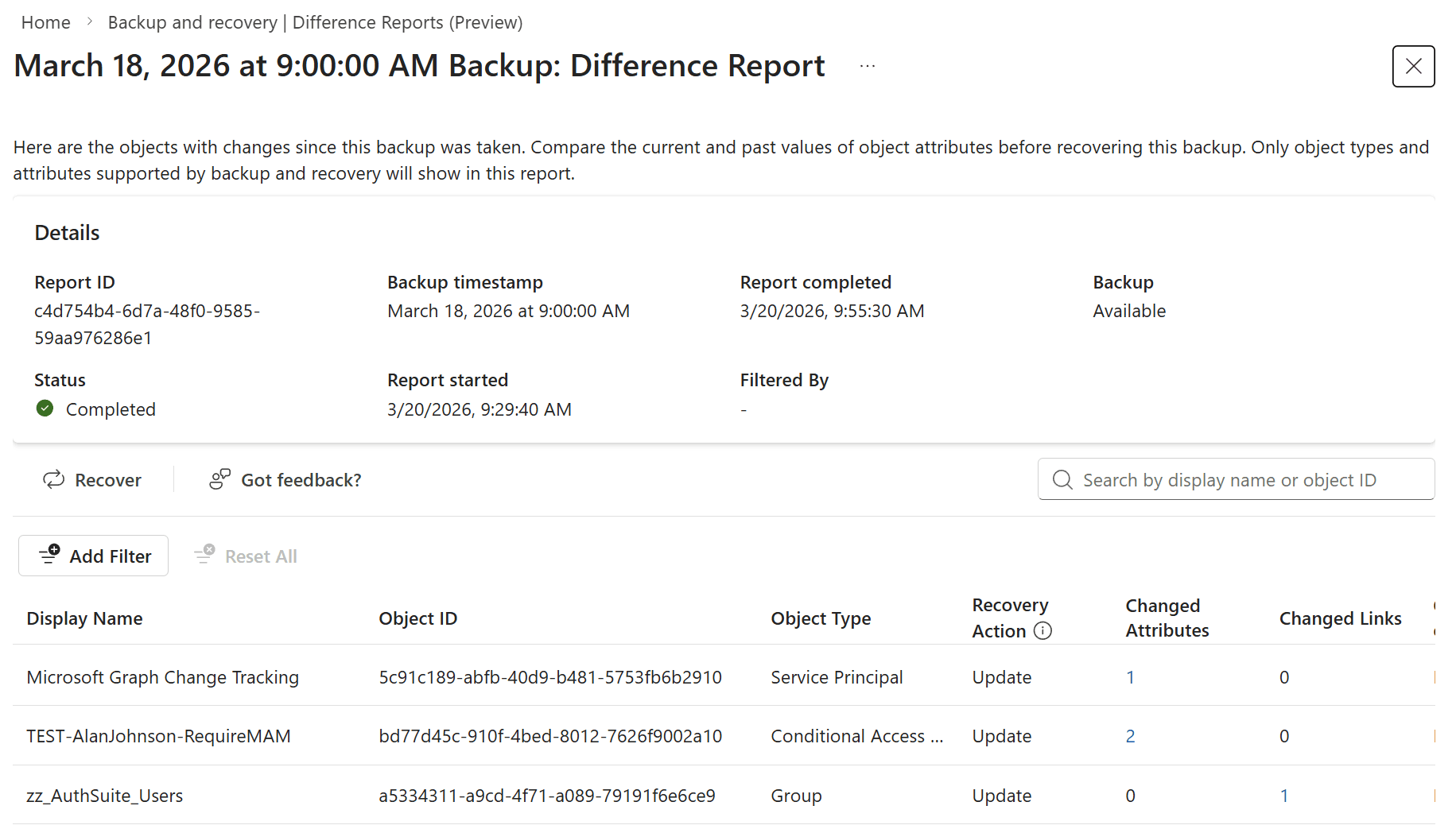 Entra Portal, Backups List & Difference Report Settings
