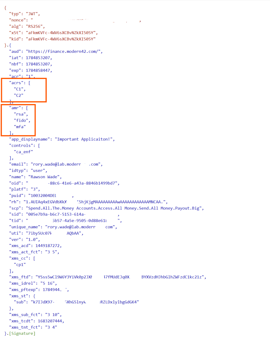 Decoded access token in SuiteAuth. The claims panel highlights acrs containing C1 and C2, and amr containing rsa, fido and mfa, with aud set to finance.modern42.com. This is the token the finance API accepts to approve invoice INV-4471
