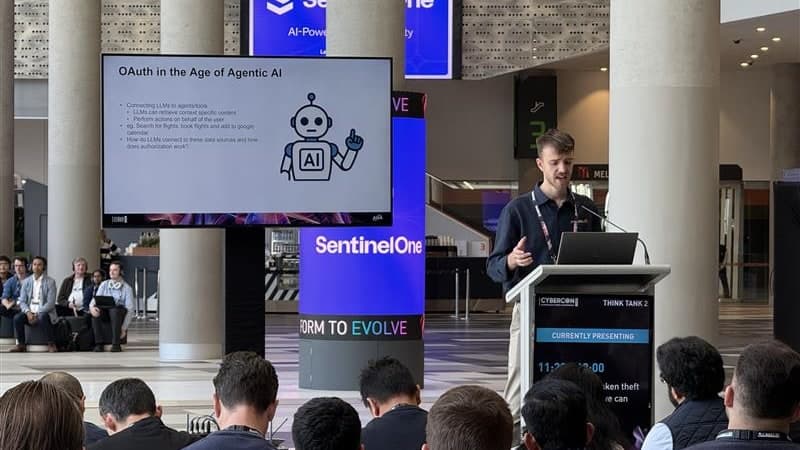 Nick Tillack presenting on OAuth in the age of agentic AI at the Think Tank 2 stage, CyberCon Melbourne 2025